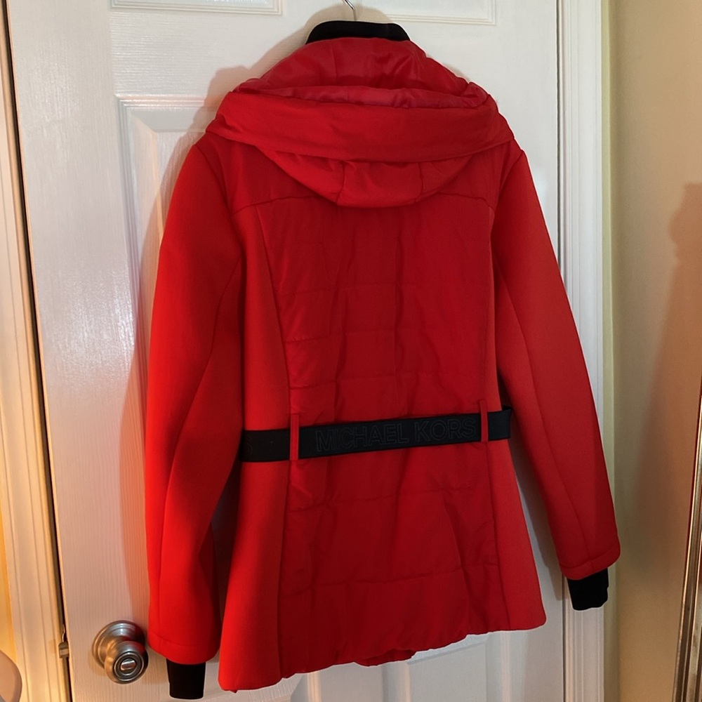🔥 Michael Kors XL Red 🔥 Belted Winter Coat Jacket Hood - Picture 5 of 16